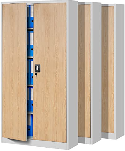 Jan Nowak Set di 3 Armadio da Ufficio C001 Archivio per Officina in Metallo Verniciato a polvere Chiudibile 185 cm x 90 cm x 40 cm (Bianco-Aspetto Legno)