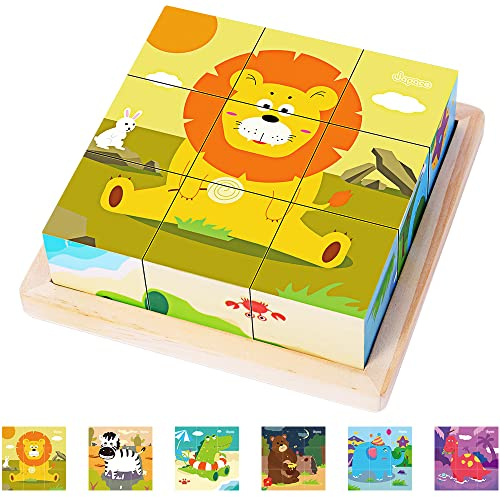 Japace Wooden Jigsaw Puzzles for Toddlers, 6 in 1 Animal Puzzle 3D Wooden Cube Block Toys Montessori Educational Games for Kids 1 2 3 4 Years Old Birthday for Boys and Girls (Medium)