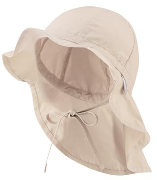 Sterntaler Sonnenhut - Unisex Sommerhut - UV-Schutz 50+ Mütze mit breiter Krempe und Größenregulierung - Nackenschutz - Bindebänder - Baby Kinder Kopfbedeckung aus Popeline (Bio) - beige,Größe 43