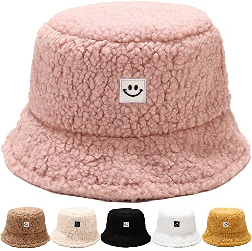 Damen Fischerhut Winter Pelzig Fischerhut Bucket Hat Winter Wärmer Eimer Hut Flauschige Fischermütze für Damen Mädchen Einheitsgröße Schlapphut Elegant Glockenhut für Outdoor Wandern Reisen (rosa)