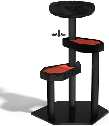 Happy & Polly Gothic Katzenbaum mit Sargbett - 104cm Schwarzer Katzenturm mit weichen Matten - Große Katzenbäume mit Sisal-Kratzpfosten, Fledermaus-Hängekugel, Mehrstufige Spielplattform