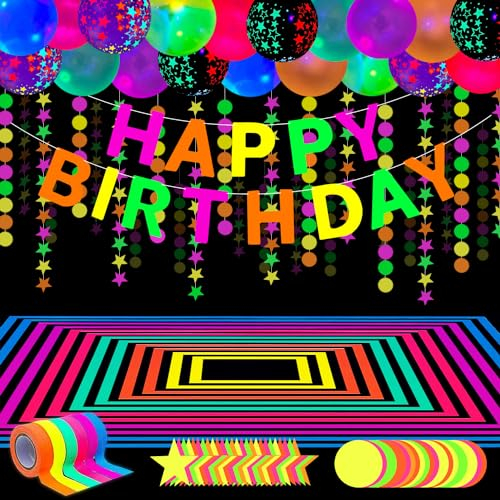 52 Packungen Leuchtendes Neon Partyzubehör Leuchtende Party Dekorationen Neon-Geburtstags-Party-Zubehör Schwarzlicht Reaktive Dekoration Set - Fluoreszierende Banner, Girlanden, Ballons, Klebeband