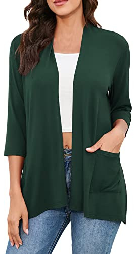 IQYU Chaqueta de punto negra para mujer, larga, fina, con bolsillos, chaqueta de punto con manga 3/4, chaqueta de verano deportiva, ligera, chaqueta de primavera larga, moderna, festiva