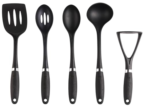 Russell Hobbs RH03026EU7 5-Piece Utensil Set – Venus Collection, Masher, Slotted Turner, Slotted Spoon, Solid Spoon, Ladle, Hanging Hooks, Soft Touch Handles, Easy Clean, Nylon Kitchen Utensils, Black