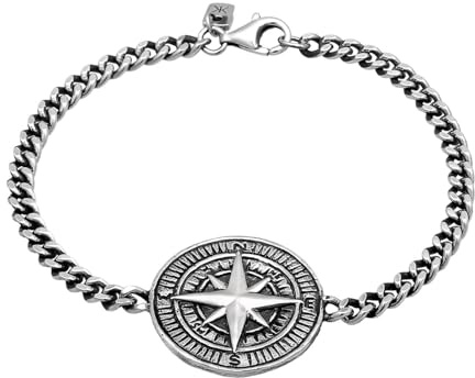 Kuzzoi Buddha 0201612324 - Bracciale da uomo con bussola in argento 925 con ciondolo rosa dei venti (25 mm) ossidato, lunghezza 19-21 cm, Argento sterling