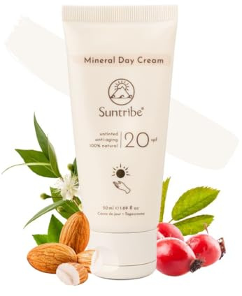 Crema de Día Ecológica Mineral FPS 20 Suntribe / 50 ml - 100% Natural, Vegana, Matificante - Filtro UV Mineral, Òxido de Zinc sin nanopartículas - Piel Sensible/Seca/Normal - Sin tinte