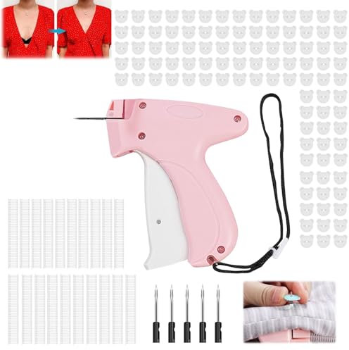 JAMSSOW Speedy Clothing Fixer,Schnelles Kleidungsfixiergerät,Micro Stitch Pistole Gun,Mini Handnähmaschine,Schnelles Fixiergerät für Kleidung mit 5 Nadeln,100 Bärenknopf,1100 Plastiknadel(Rosa)