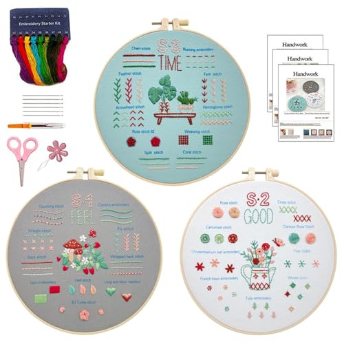 XQMMGO Juego de bordado para principiantes, juego de bordado para adultos, diseño de flores, juego de bordado con 1 marco de bordado de bambú, herramientas de iniciación de bordado, manualidades de