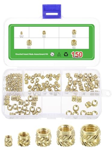 sourcing map 150Pcs M2 M3 M4 M5 M6 Knurled Insert Nuts, Brass Knurled Threaded Embedment Nuts 3D Printing Brass Nuts for 3D Printing Parts Laptop Automotive Plastic Shell