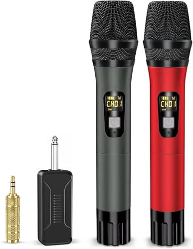 voijump Wireless Microphones, Handheld UHF Metal Dual Cordless Dynamic Mic System with Rechargeable Receiver,1/4‘’Output,160ft Range,Auto Connect for PA System, Karaoke, Speech,Church, Party Singing