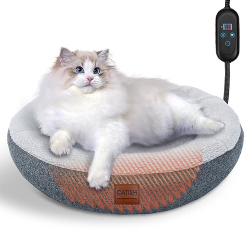 CATISM Beheiztes Katzenbett Heizmatte, Haustier Heizdecke Katzenkissen Heizungsliege Katzenhöhle, Timing & Temperatur Einstellbar Sicher Elektrisch Haustier Katzenkorb für Katzen 48 * 30 * 10cm