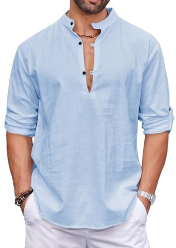 COOFANDY Mittelalter Hemd Herren Langarm Baumwolle Casual Henley Shirt Button-Down Sommerhemd Hellblau L