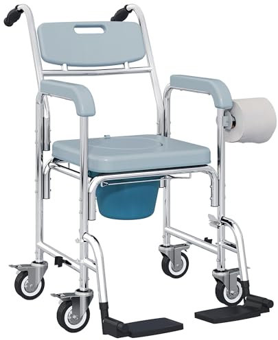 HOMCOM Shower Chair with Wheels 4 in 1 for Seniors Adults Injured Gray
