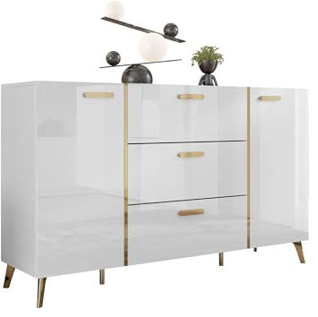 Mirjan24 Kommode Picru 150 2D3SZ, Kombikommode mit 2 Türen und 3 Schubladen, Aufbewahrungsschrank, Mehrzweckschrank für Wohnzimmer, Esszimmer (Weiß/Weiß Hochglanz + Gold)