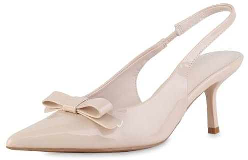 VAN HILL Damen Slingpumps Stiletto Lack Trendy Schuhe 216904 Beige Lack 39