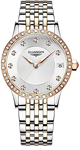 Guanqin Orologio da polso meccanico da donna, con calendario e movimento automatico, in stile vintage, con cristalli di zaffiro e strass, impermeabile, design elegante, in acciaio inox, Gqgj16187 Rosa