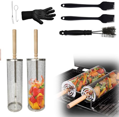 KATKLIU Set di Cestelli BBQ Rotanti in Acciaio Inox 304, 2 Pezzi con Manico in Legno Rimovibile, Design Impilabile, con Spazzola per Pulizia, Pennelli in Silicone e Guanto – Regalo per Uomo Campeggio