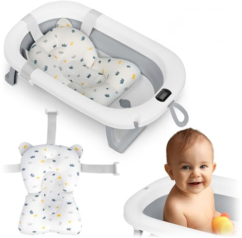 Ricokids Baby Badewanne Babywanne mit Thermometer und Badekissen - Faltbar Leicht Rutschfest - Weiß Grau