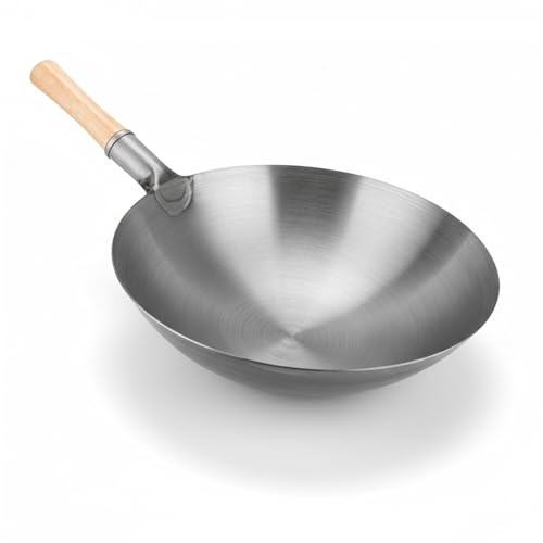 Wok de acero al carbono martillado con mango madera y acero de sarte para freir fondo redondo tradicional (34cm)