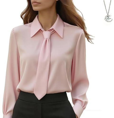 WXDTW Elegante blusa de satén con lazo para mujer, camisa de seda de manga larga para invitados de boda y tops casuales de negocios, rosa, XL