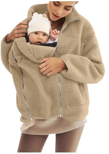 Fleece Jacket Women 2 In 1 Maternity Baby Wearing Warm Ladies Fleece Jackets Full Zip Pregnancy Thick Thermal Plus Size Winter Coat Women Plain Fashion Nursing Fall Clothing Outwear with Pockets
