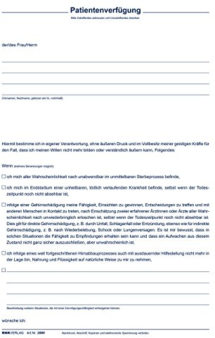 RNKVERLAG 2895 - Patientenverfügung DIN C5 mit Meldesatz für das Vorsorgeregister, 1 Stück
