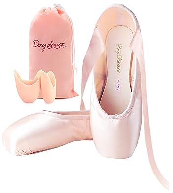 Daydance Women's Pointe Shoes Pink Ribbon Ballerina Ballet Shoes with Silicone Toe Pads (Light Pink, 6.5)