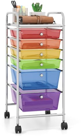 COSTWAY Chariot de Rangement à Roulettes avec 6 Tiroirs Plastiques, Tour de Rangement, Cadre en Métal, Desserte à Roulettes pour Bureau, Salon, Cuisine, Salle de Bain (Multicolore)