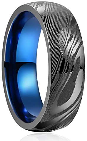 VAKKI Alliance en acier Damas gris acier de 8 mm pour homme avec bague intérieure bleue confortable taille N 1/2 à X 1/2, X 1/2, Acier de Damas