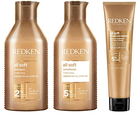 Redken Pflegeset mit Shampoo, Conditioner und Haarmaske für trockenes und brüchiges Haar, Mit Hyaluron, Omega-6 und Argan-Öl, All Soft