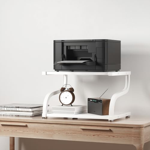 URLINE Druckerständer mit Stauraum, 2-stöckig, Schreibtischregal, Druckertisch-Organizer, rutschfest, strapazierfähig, modernes Holzregal für Büro, Zuhause, Weiß