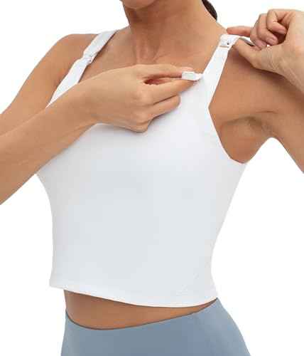 Foucome Nursing Tank Top Longline Breastfeeding Sports Bra, White, L