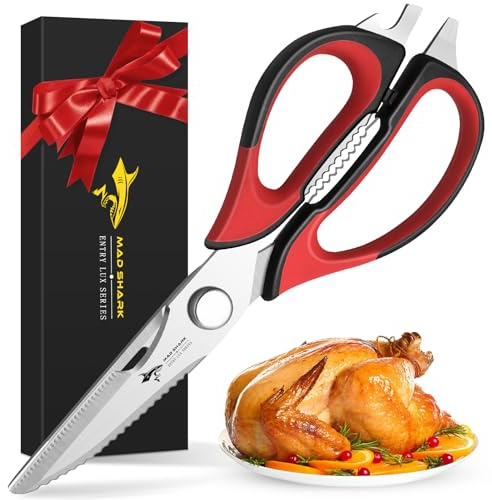 Ciseaux de Cuisine Démontables - Ciseaux à Volaille Acier Inox Poignée Confort, Lavables Lave-Vaisselle & Polyvalents, Pour Os de Poulet, Viande, Légumes, Fonctionne Casse-Noix Ouvre-Bouteille (ROUGE)