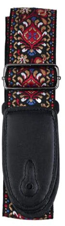 Sarini Sangle de Guitare, Sangles de Guitare en Coton brodées de Fleurs Rouges Vintage avec extrémités en Cuir Crazy Horse pour Basse, Acoustique électrique, Meilleurs Cadeaux pour guitaristes