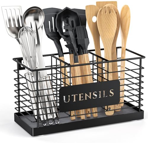 THYGIFTREE Utensil Holder for Kitchen Counter Large Black Metal Cooking Utensil Organizer 3 Compartments for Countertop Kitchen Tool Spatula Holder Wood Base