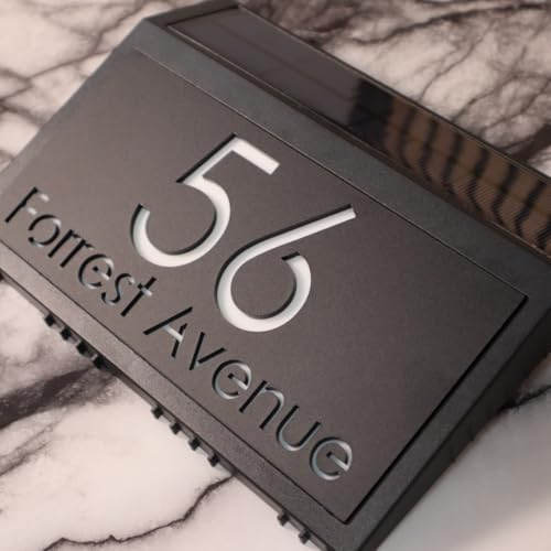 K Smart Sign LaLuce LED F2728 - Placas de casa con números iluminados en la parte posterior, placas de número de puerta para pared de casa con nombre de luz para exterior (A5 - Negro moderno)