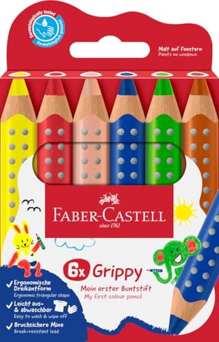 Faber-Castell 110630 Set Grippy, 6 Jumbo Buntstifte für Kleinkinder, leicht abwaschbare Malstifte für Kinder, ergonomische dreieckige Form, dicke Buntstifte, 10mm dicke Mine
