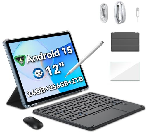 Blackview tablets 12 inch android 15,android tablets with Keyboard Mouse Pen Case & SIM Card Slot,24(8+16) GB ROM+256GB(2TB),2.4K 120Hz FHD+ IPS Display, 9000mAh/33W Fast Charging,5G WiFi,GPS