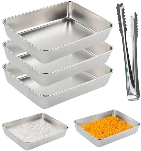 peiyee Cuencos para empanar Juego de 3 con Pinza, Bandeja Rectangular Apilable de Acero Inoxidable 25 x 20 x 5 cm, Bandejas de Rebozar Inoxidable para Conservar Alimentos o Ingredientes