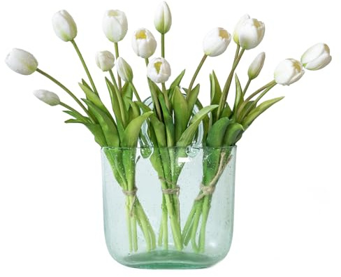 DUYONE 15 st konstgjorda tulpaner, mjuk känsla. realistiska latextulpaner, bukett, för hem, kontor, bröllopsfest, trädgårdsdekor, falska blommor för bordsdekoration, matbord, vardagsrum, vår-B, vit