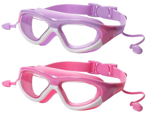 EDLMKM Kids Swimming Goggles 3-10 Years, Girls Swim Goggles For Children & Teens, Anti-Fog Anti-UV, Waterproof, No Leaking, Wide Clear View Soft Adjustable Swimming Goggle With Ear Plug