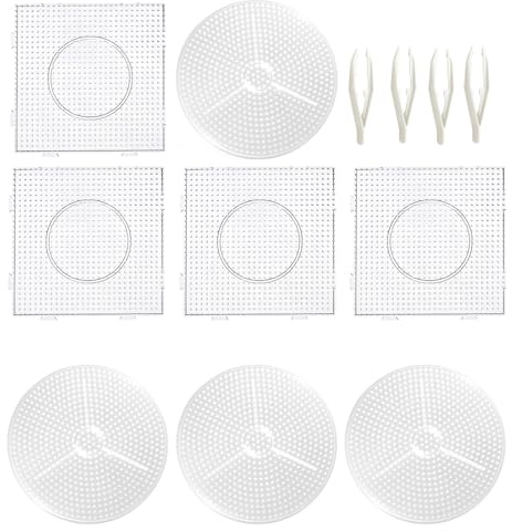 Foonary Lot de 8 plaques de perles à repasser transparentes de 5 mm – 4 carrés et 4 modèles ronds, 4 pinces en plastique, pochoirs de perles à repasser, plaques transparentes pour enfants et adultes