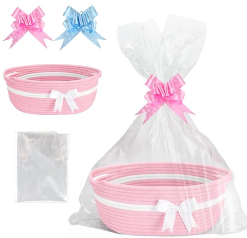 Nzkeuf Cesta de Regalo Vacía, Cesta Trenzada para Regalos con Bolsas de Regalo y Cintas, para Baby Shower, Cumpleaños, Boda, Pascua, Acción de Gracias, Navidad, Hermoso y Práctico