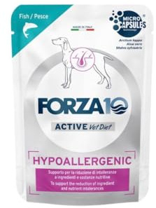 Forza 10 Umido Cane HYPOALLERGENIC, alimento completo dietetico per cani adulti di tutte le taglie e razze ipoallergenico gusto PESCE, dermatologico, for dogs | 12 bustine da 100 grammi l'una.