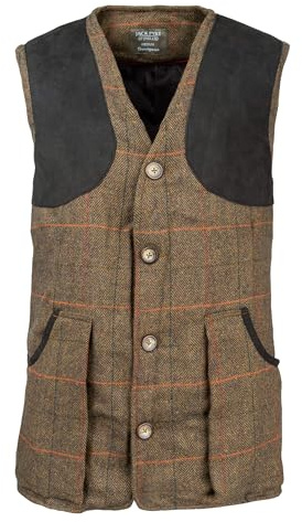 JACK PYKE Men’s Shooting Vest – Brown Tweed Waistcoat with Reinforced Shoulders, Deep Cartridge Pockets with Adjustable Back Strap for Outdoor Hunting & Clay Shooting - Large
