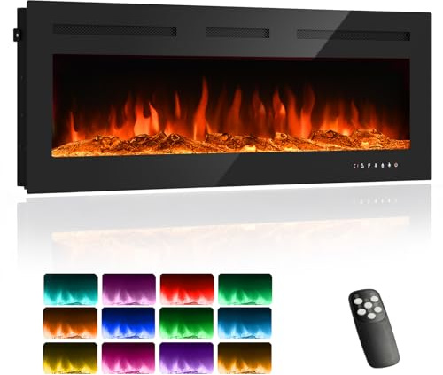 Camino elettrico 3 in 1 da parete o da incasso con effetto fiamma 3D e 12 colori fiamma, camino 900 W/1800 W con telecomando, timer e termostato, nero (50 inch)