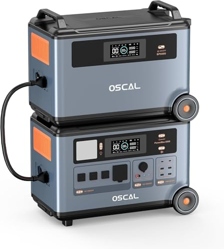 OSCAL PowerMax 6000W Generador Solar Portatil, 7200Wh LFP Batería, Ampliable hasta 57.6kWh, Carga Rápida 1.2h, 14 Puertos, Estación de Energía para Hogar Emergencia, Camping, Caravana
