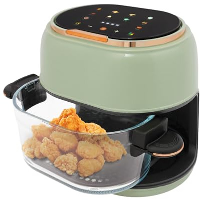 Varmluftsfritös med fönster och pekskärm, 1 350 W, 4 l kapacitet, temperatur 80–190 °C, tillverkad av härdat glas och ABS, grön färg, perfekt för familjens kök och kontorsanställda
