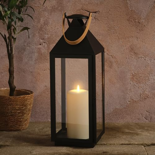 Lights4fun Brixham stort läderhandtag lykta med TruGlow® ljus, dekorativ inomhus- och utomhuslykta för utomhus- och hemstyling