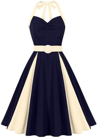 IBAKOM Women's Vintage Rockabilly Dress 1950s Retro Color Block Halter Dress with Belt Cocktail Party Evening Prom Gown